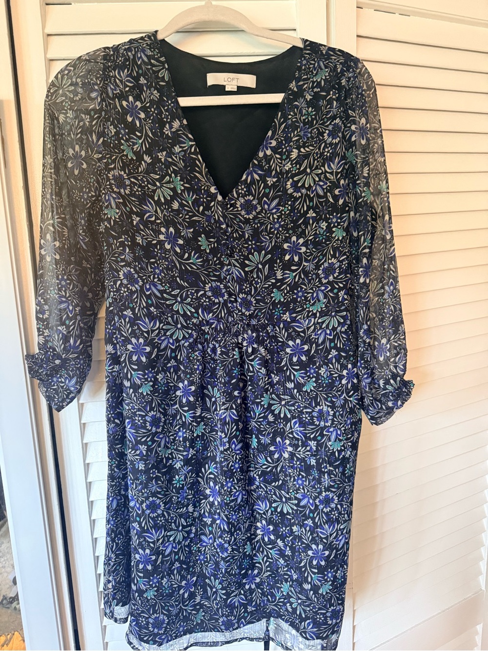 LOFT Navy & Teal Floral Long-Sleeve V-Neck Dress